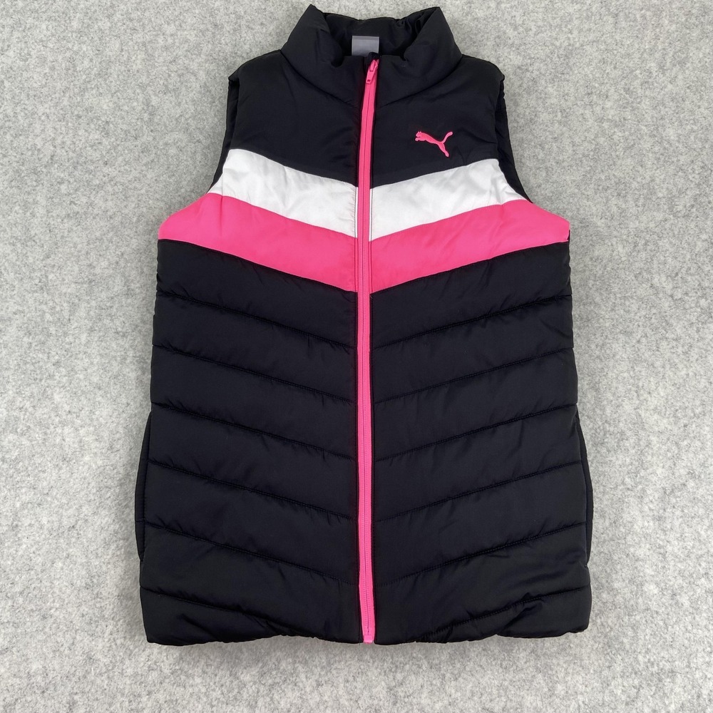 Puma Vest Girls Medium 10/12 Black Pink Puffer Quilted Full Zip Colorblock